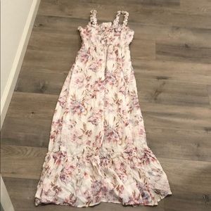 Cream floral shimmer lace up maxi dress